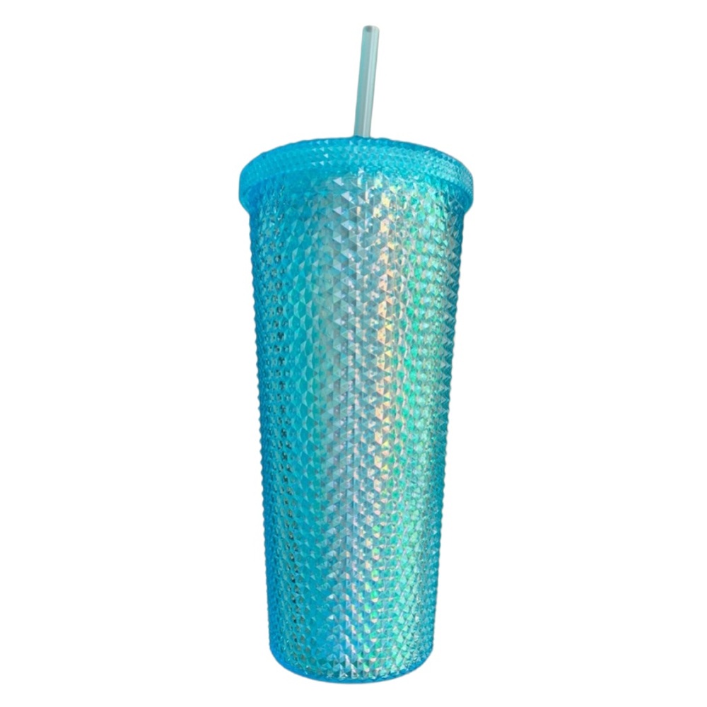 24 ounce Turquoise Blue Iridescent Screw Top Studded Tumbler With Straw